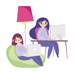 Wall Mural - working remotely, young women in desk and chair with laptop and computer