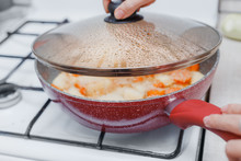 Water Droplets Formed Under The Lid Of The Pan While Cooking Vegetable Stew Or Soup. Cooking At Home And Recipes