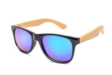 Trendy and fashionable modern sunglasses with wooden bows isolated on white background. Close-up object view