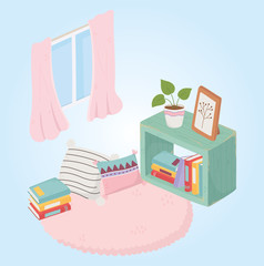 Poster - sweet home stack of books potted plant cushions carpet and window