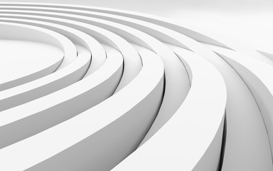 3d image of rotating white rings emerging from the ground forming an amphitheatre like circular, spiral shape, white circular arhitecture, minimal shapes