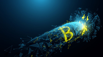 Poster - Digital financial. Online money. Bitcoin bullet sign shot smashed the dollar coin from lines, triangles, particle, low poly and wireframe design. Vector illustration