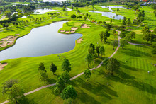Golf Course Sport Aerial Top View Of Golf Field Landscape With Sunrise View In The Morning Shot. Bangkok Thailand