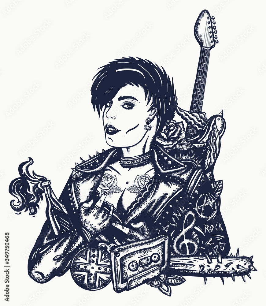 Punk girl. Woman rock musician and electric guitar. Punker with mohawk ...