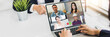 © khwanchai - social distancing concept, businesswoman talking to colleagues about plan in video conference in house, meeting and planning online as covid 19 or corona virus disease