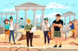 Vector characters tourists in Greece excursion