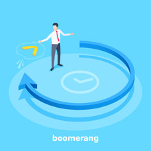 Isometric Vector Image On A Blue Background, A Blue Arrow Going In A Circle And A Man Catches A Boomerang Flying Towards Him