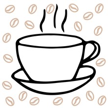A Cup Of Cofe On A Saucer. Doodle Outline Illustration. Vector Image.