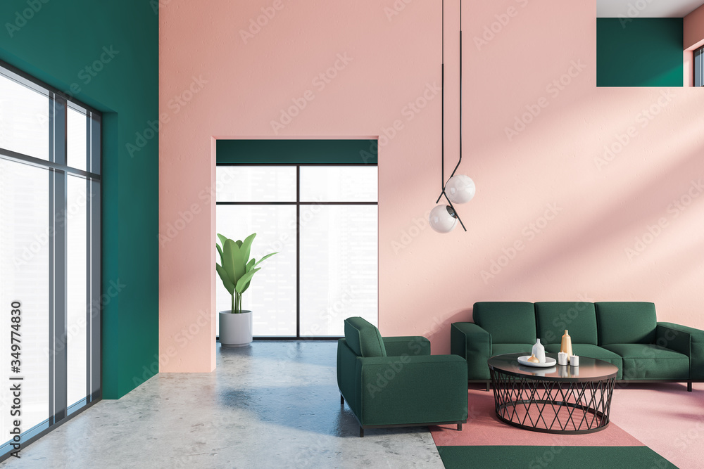 Pink and green living room, sofa and armchair - obrazy, fototapety, plakaty 