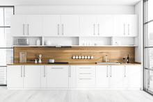 White And Wood Kitchen Interior With Countertops