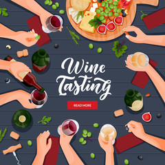 Wall Mural - People tasting and drinking wine. Top view flat cartoon vector illustration of human hands with glasses and bottles