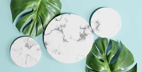 Top view circle marble podium with monstera leaves. Cosmetic product mockup. 3d rendering