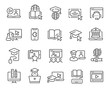© Cherry - Online education icon set. Collection of linear simple web icons such as online education, mentor, online student, video and audio courses, distance learning, group classes and more. Editable vector