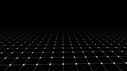 Leinwandbilder - Abstract wireframe perspective grid, connection of white dots and lines on dark background. Vector illustration.