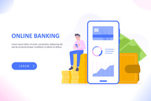 Online Banking Or Online Bank Account Concept. Young Man Sitting On Pile Of Gold Coins, Financial Dashboard On Huge Smartphone And Money Wallet Near Phone. Mobile Banking Dashboard Vector Illustration