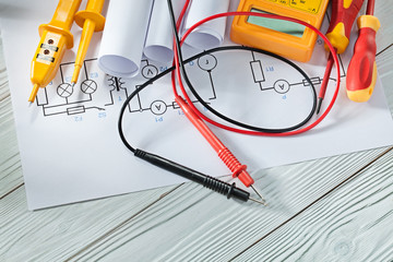 Wall Mural - electric tester and multitester insulated screwdrivers blueprints on white vintage wood