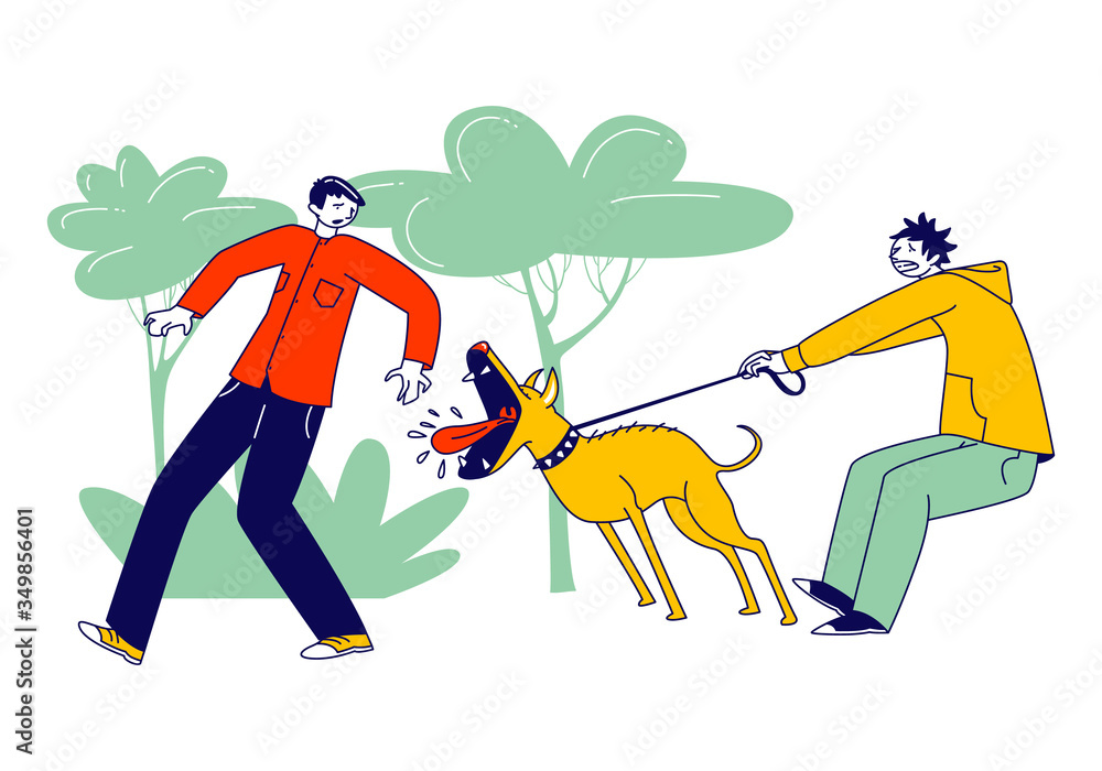 Scared Passerby Male Character Dash Aside of Dog Attack him in Park. Owner Holding Aggressive Pet on Leash. Animal Barking and Trying to Bite Man Walking on Street. Linear People Vector Illustration - obrazy, fototapety, plakaty 