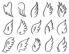 Hand Drawn Wings. Doodle Sketch Angel Flight Feather, Angels Or Birds Elegant Wings Spread, Winged Angel Elements Vector Illustration Icons Set. Stroke Wing Drawn, Angelic Tattoo Contour