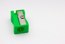 High Angle View Of Green Pencil Sharpener On White Background
