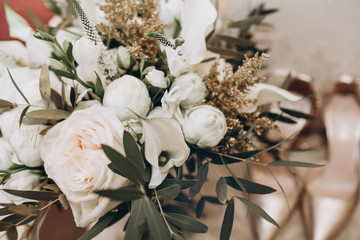 Sticker - bride's bouquet, shoes, wedding rings and a set of invitations. The bride's accessories. Wedding morning.