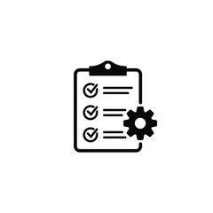 Clipboard with gear isolated icon. Technical support check list icon. Management flat icon concept. Software development.