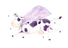 Hand Drawn Watercolor Artwork. Painted Aquarelle Picture. Artist Painting. A Cartoon Smiling Purple Spotted Dairy Cow In A Raincoat Flies Among The Stars. Children's Print. Fairy Creature.