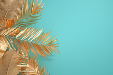 Gold tropical palm leaves Monstera on black pink green background, 3d rendering,conceptual image.