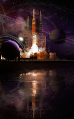 Canvas Print - rocket takes off into space with the alien planets. spacecraft performs the space mission. elements 