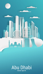 Wall Mural - Paper cut style Abu Dhabi city, white color paper, vector stock illustration. Cityscape with all famous buildings. Skyline Abu Dhabi city vertical composition for design.