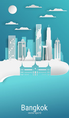 Wall Mural - Paper cut style Bangkok city, white color paper, vector stock illustration. Cityscape with all famous buildings. Skyline Bangkok city vertical composition for design.