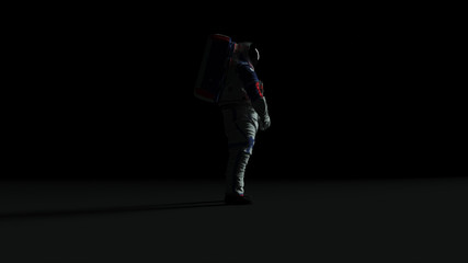 Wall Mural - astronaut with black visor and white spacewalk spacesuit back light with dark grey background with b