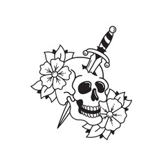 Wall Mural - Old school tattoo emblem label with flower dagger and skull symbols. Traditional tattooing style ink.