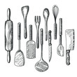 Big vector hand drawn collection of kitchen utensils, isolated on write background, design template for your flyers, banners or restaurant menu.