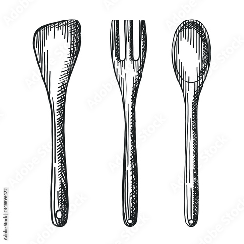 Fotomural Vector hand drawn rustic wooden kitchenware set of fork, spoon and spatula digital design elements for your logo, advertisement, menu, cafe, banner or flyers