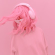 © Porechenskaya - Vanilla Pink Dj Girl. Monochrome Party style. Stylish headphones, music lover concept