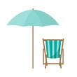 Vector cartoon flat illustration of beach chair, umbrella isolated on white background. Clip art, summer vacation graphic elements. Beach chair and umbrella for design, card, poster, Travel concept.