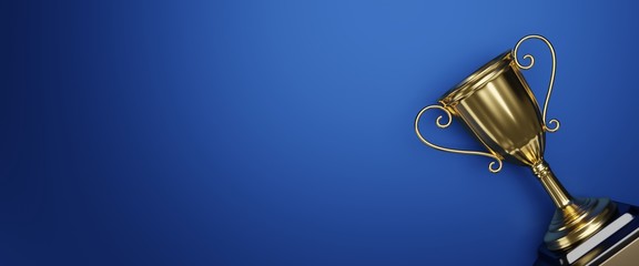 Wall Mural - golden trophy award on blue background. gold winners trophy with copy space for text. 3d rendering.