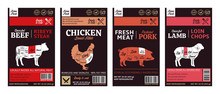 Vector Butchery Modern Style Labels. American (US) Cuts Of Beef, Chicken, Pork And Lamb Diagrams