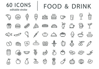 food and drink - line icon set with editable stroke. outline collection of 60 symbols. restaurant me