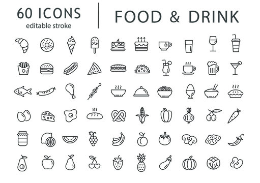food and drink - line icon set with editable stroke. outline collection of 60 symbols. restaurant me