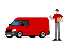 Online Delivery Man Holding A Smart Tablet With Goods & Parcel In Front Of A Van Ready For Going To Fast Express Deliver Food Or Product To Customer. Transportation Logistic Digital Shopping Service.