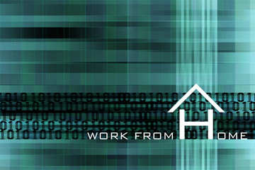 Wall Mural - Work from home background. WFH lifestyle depends on digital technology of computer internet network. transfer data form home to office. modern blue background and white home symbol over binary code.