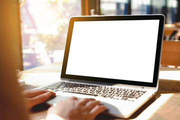 Close up of woman using cell laptop order products  for shopping online within the cafe.