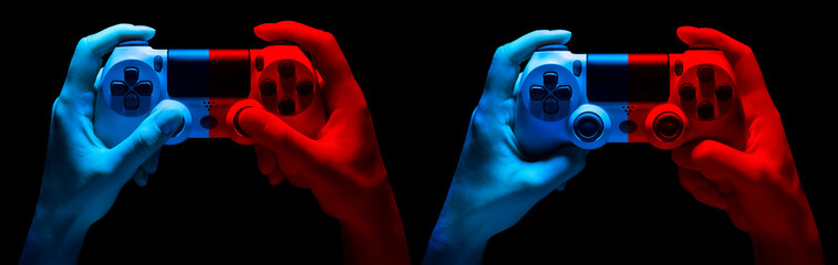 Poster - Set of hands holding video game gamepad in neon lights isolated on a black