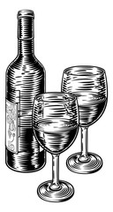 Poster - A wine bottle and two glasses vintage etching or engraving retro style woodcut illustration