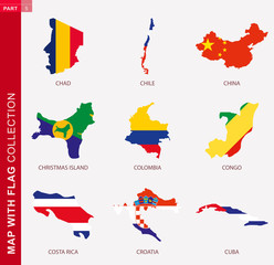 Wall Mural - Map with flag collection, nine map contour with flag