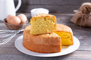 Homemade sponge cake on a white plate