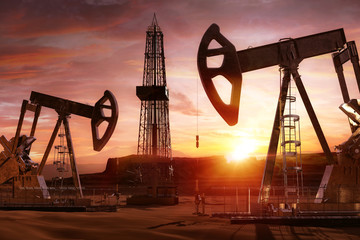 Oil gas exploring, production business. Oil pumps, drilling derricks from oil field silhouette at sunset. Crude shale oil, industry, petroleum fuel production 3D background with pump jacks, drill rigs