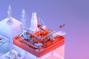 Wall Mural - Crude oil gas exploration, extraction, transportation isometric 3D background. Oil gas petrochemical industry concept: oil production platform, offshore jack up rig, pumps, factory, derrick drill rig