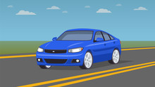 Blue Car On The Road. Modern And Fast Vehicle Racing Under The Blue Sky. Super Design Concept Of Luxury Automobile. Vector Illustration